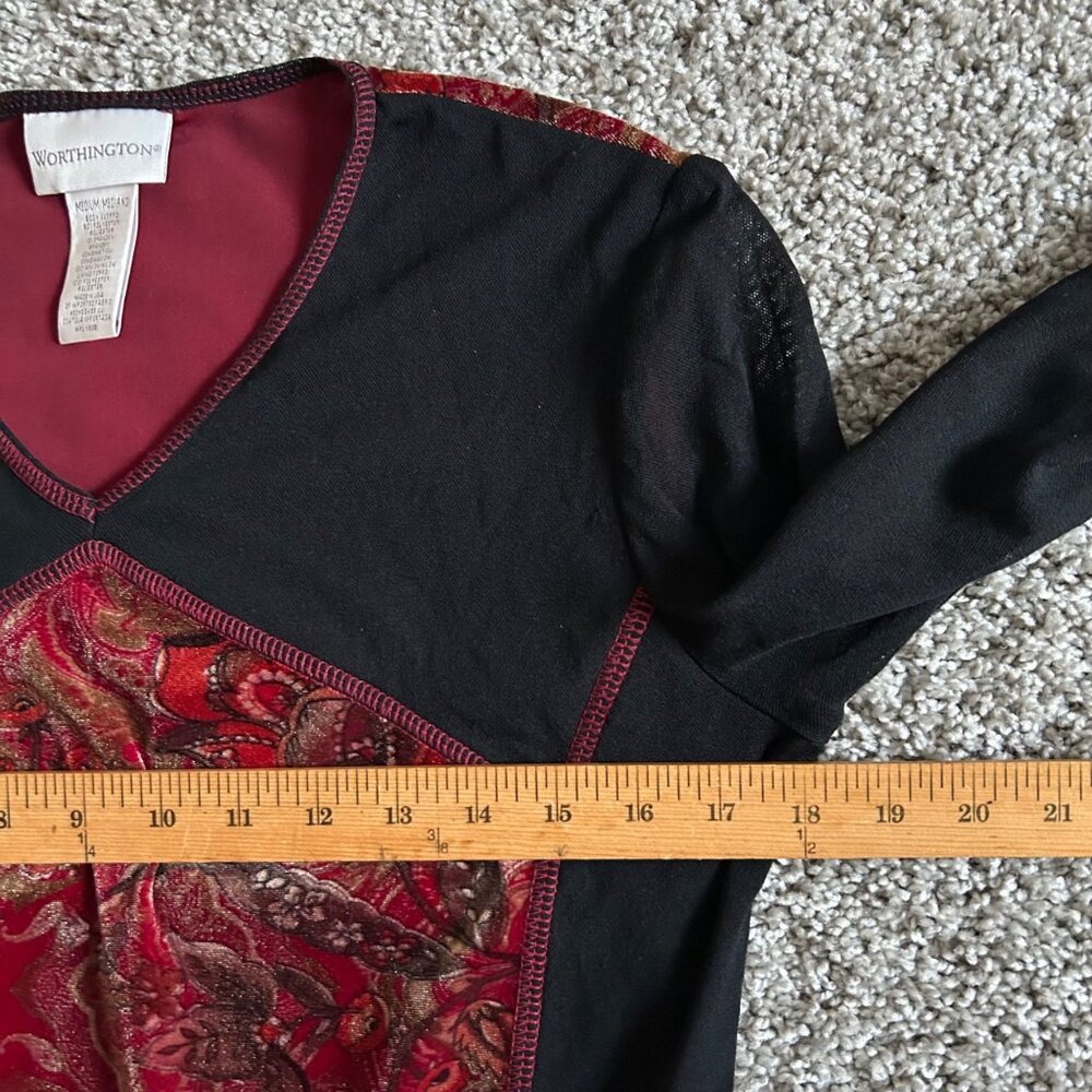Worthington Womens Y2K Medium Floral Velvet & Black Long Sleeve V-Neck Top - Picture 8 of 11
